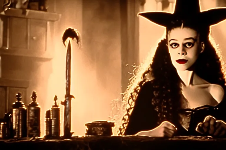 Image similar to close up portrait, dramatic lighting, teen bride of frankenstein witch calmly pointing a magic wand casting a spell over a large cauldron, cat on the table in front of her, a witch hat cloak, apothecary shelves in the background, still from the wizard of oz and peter pan