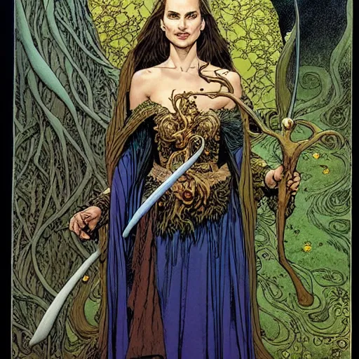 Prompt: a realistic and very beautiful and atmospheric portrait of natalie portman as a druidic wizard looking at the camera with an intelligent but seductive gaze by rebecca guay, michael kaluta, charles vess and jean moebius giraud