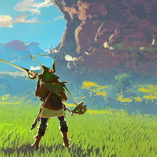 Image similar to a warrior frog riding a gigantic riding a gigantic fly in breath of the wild