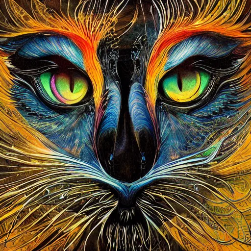 Prompt: a simple crow-like cat painting by Android Jones and M. C. Escher collaboration, futurist, digital art, dramatic lighting