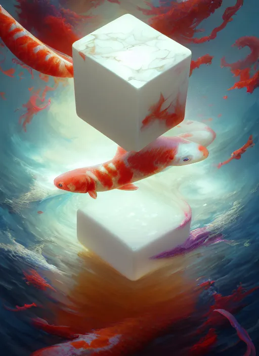 Prompt: subsurface scattering, white, a cube with the universe inside, koi colors, vibrant colors, octane render, jesper ejsing, james jean, justin gerard, tomasz alen kopera, cgsociety, fenghua zhong, makoto shinkai, highly detailed, rim light, art, cinematic lighting, very coherent, hyper realism, 8 k