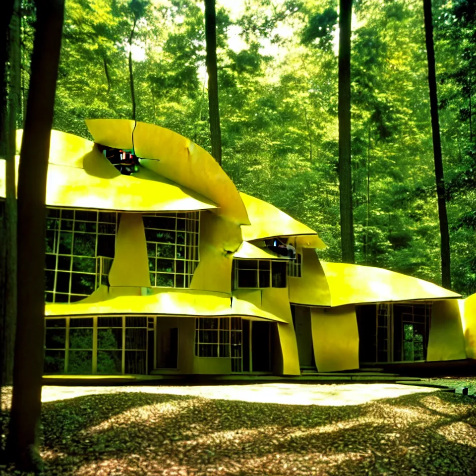 Image similar to a mid-century modern house with big tiles in a forest, designed by Frank Gehry. Film grain, cinematic, yellow hue