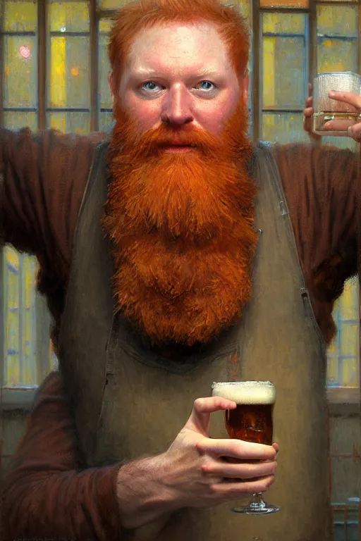 Image similar to full - body portrait of bearded ginger man taking photos of beer, by donato giancola, craig mullins, jeremy mann, face details, extremely detailed, bokeh, photorealistic, reflections, digital illustration