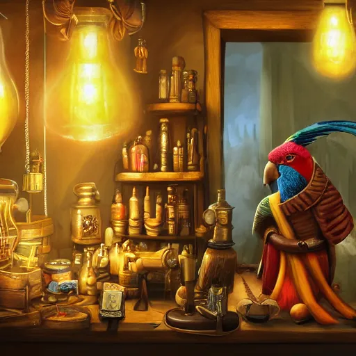 Image similar to Anthropomorphized parrot trader in his shop, medium shot, items, weapons, magic potions, trinkets, carpet, lamps, window, fancy hat, warm light, sly expression, cunning expression, cute expression, long thick shiny black beak, D&D, fantasy, cinematic lighting, highly detailed, digital painting, artstation, concept art, smooth, sharp focus, illustration, warm light, cozy warm tint, strong colours, magic the gathering artwork, volumetric lighting, 8k, art by Akihiko Yoshida, Greg Rutkowski