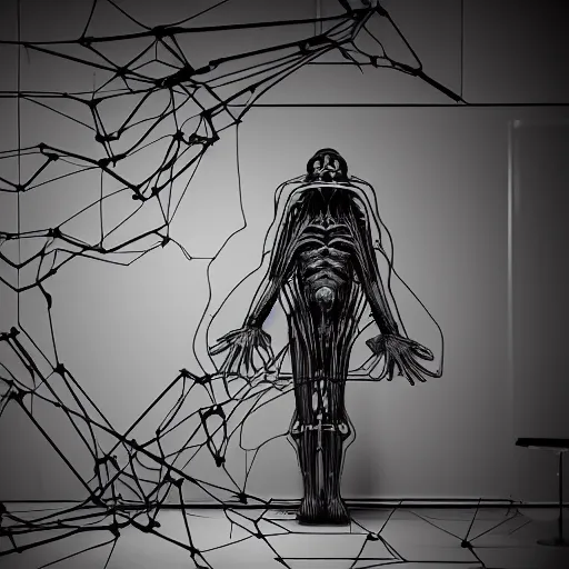 Prompt: !dream darksynth, techno mutant standing in a constructivist room with blank walls connected by wires and cords to a toad's head, Hand Screen Printed, by Jason Galea, by H.R. Giger, rendered in blender, ultra realistic, smooth shading, ultra detailed, high resolution, cinematic