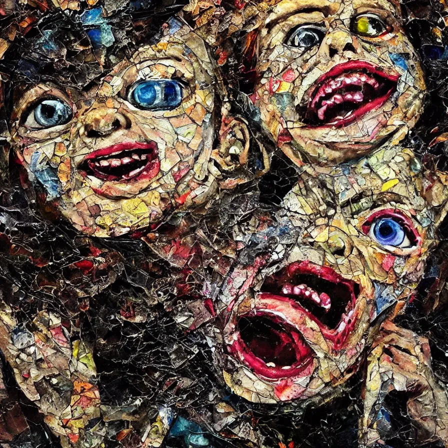 Prompt: majesty of celestial screaming chucky doll detailed mixed media collage with canvas texture in style of contemporary art, punk art, photorealism, expressionism, masterpiece, perfect composition, spectacular quality, intricate oil details, broken glass photo, torn paper intricate texture, large cracks, liquid glue spots