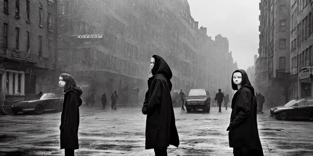 Prompt: sadie sink in hoodie at umbrella stand in ruined square, pedestrians on both sides ignore her, old tenements in background : grainy b & w 1 6 mm film, 2 5 mm lens, single long shot from schindler's list by steven spielberg. cyberpunk, steampunk. cinematic atmosphere and composition, detailed face, perfect anatomy