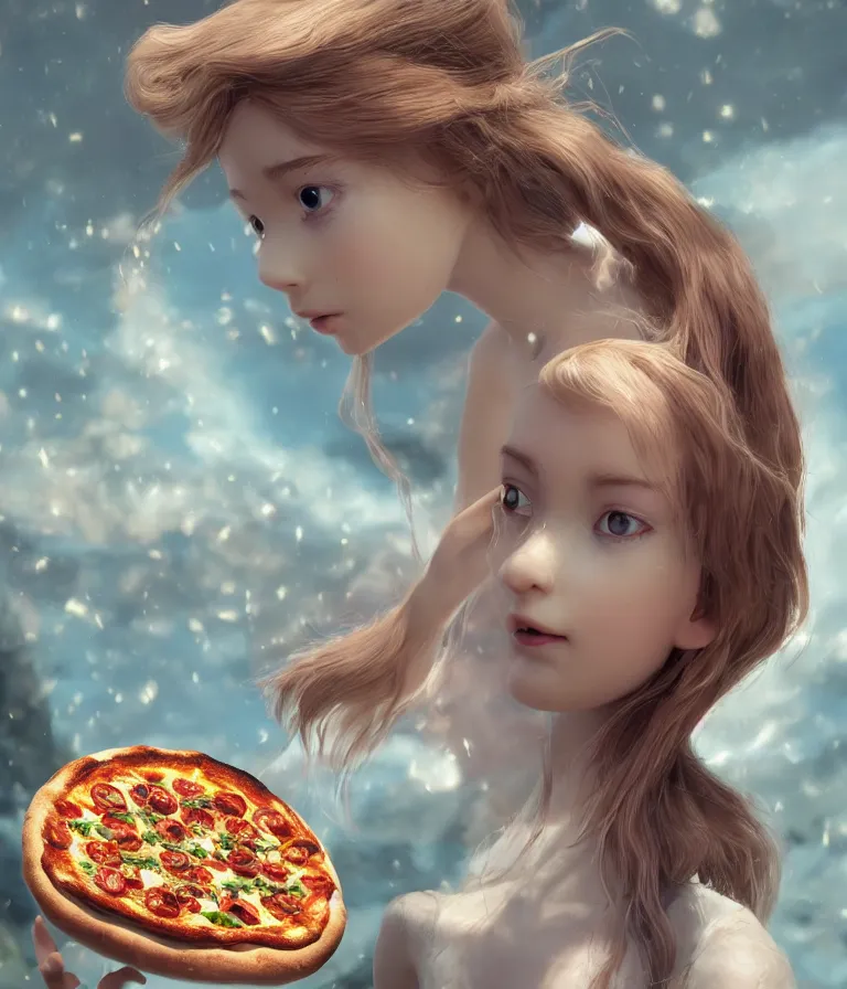 Prompt: a beautiful hyperrealistic detailed 3D render of a fairy girl with pizza instead of wings, by Anton Otto Fischer, Atey Ghailan, genzoman, unreal engine, octane render, gigantic, 3D, brilliantly coloured, intricate, ultra wide angle, trending on artstation, embers, smoke, dust, dusk, volumetric lighting, HDR, polished, micro details, ray tracing, 8k,