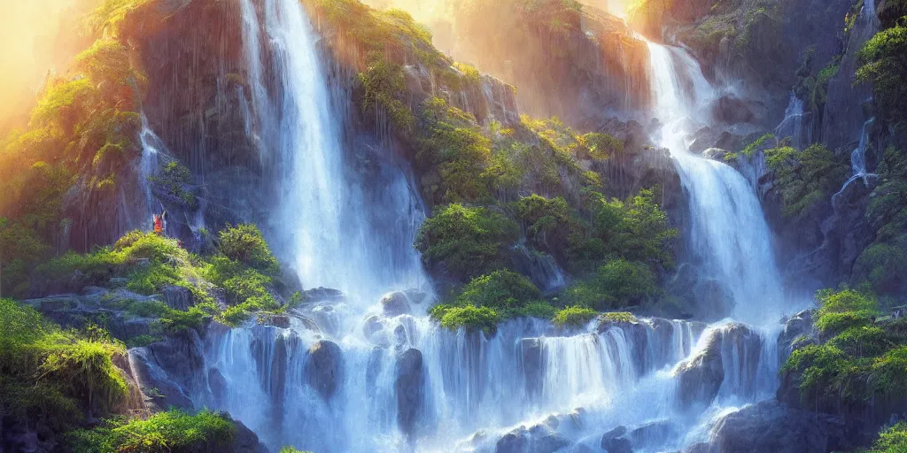 Prompt: beautiful waterfall between lush mountains in the sunset casting rays of light, highly detailed, sharp focus, artgerm, cgsociety, desaturated