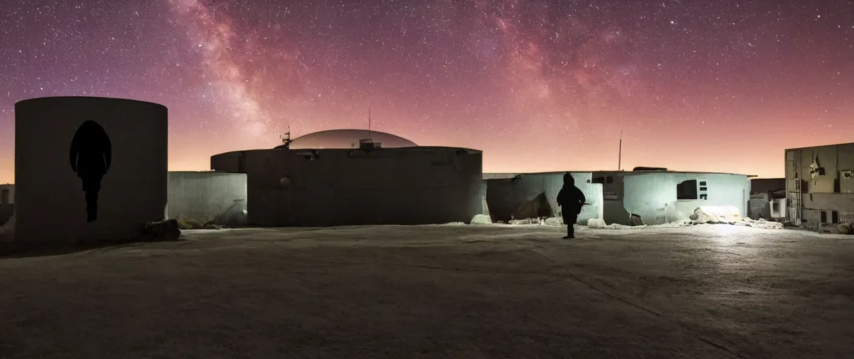 Image similar to a high quality color wide shot hd 4 k film 3 5 mm photograph of a bulky figure wearing a hoodie in full shadow silhouette sneaking around the exterior a top secret military base in antarctica at night