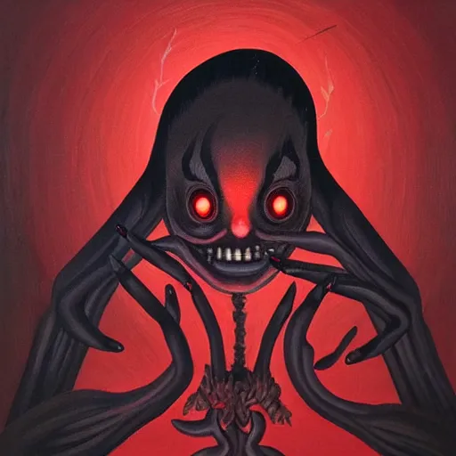 Prompt: a painting of black demon, living in a shadow!! red eyes!! unseen body!! only showing itself in painting!! octane render!! mythology!! junji ito!! woodblock painting!! old painting!! old fairy tale!!