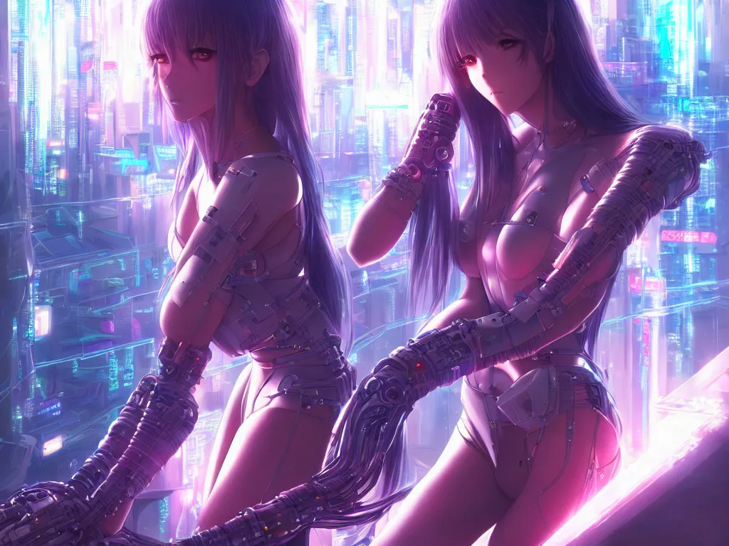 Image similar to anime visual of portrait futuristic cyber warrior girl, in future cyberpunk tokyo rooftop, ssci - fi, fantasy, intricate, very very beautiful, elegant, neon light, highly detailed, digital painting, artstation, concept art, smooth, sharp focus, illustration, art by artgerm and wlop and tian zi and alphonse mucha