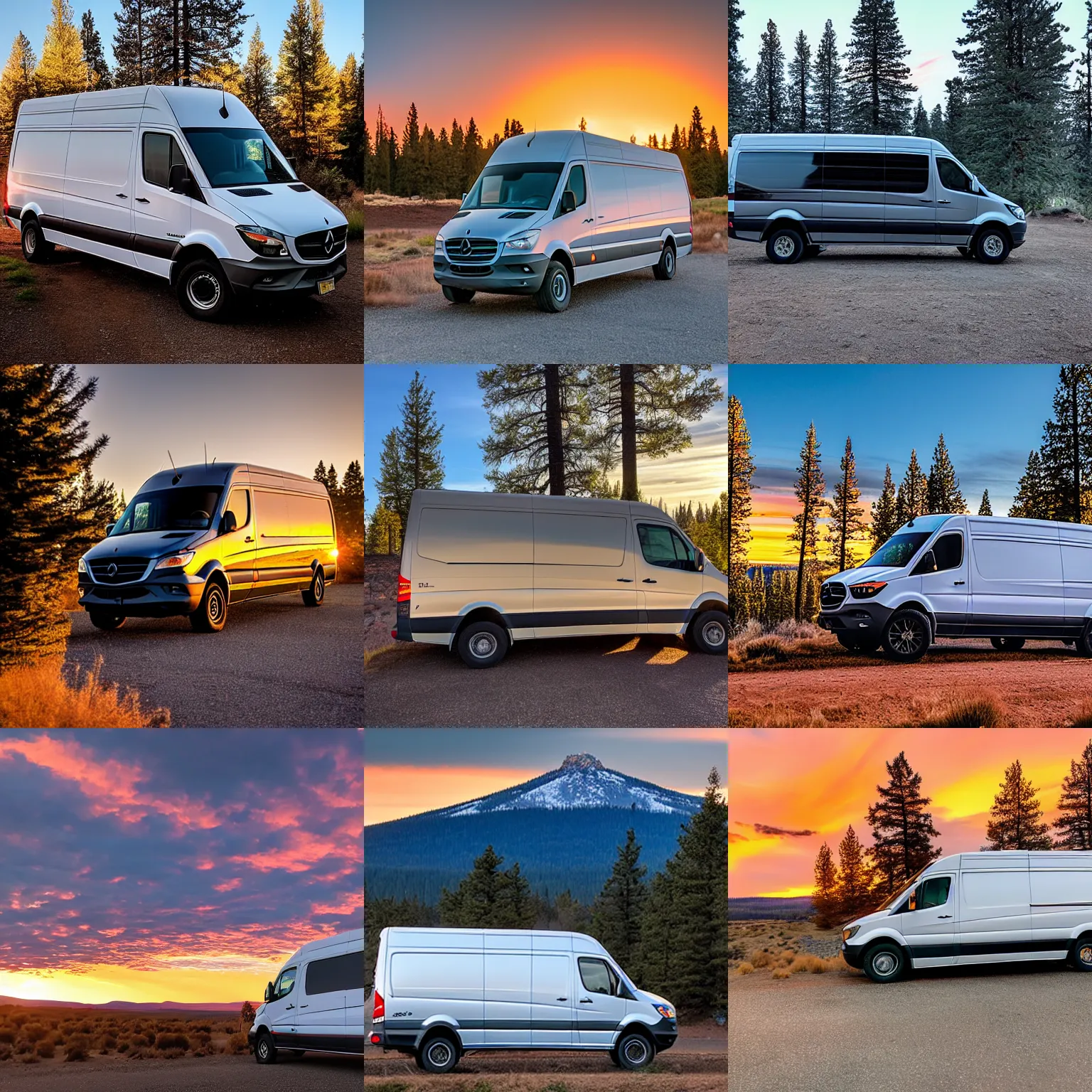 Prompt: a sprinter van in central Oregon at sunset