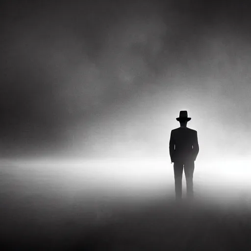 Image similar to white light from right, mysterious man in black suit and black hat, he has a pistol, smoke, fog, mysterious, 4 k, highly detailed, digital art, strong shadows, high contrast, epic scene, atmospheric, blue colours, old photograph