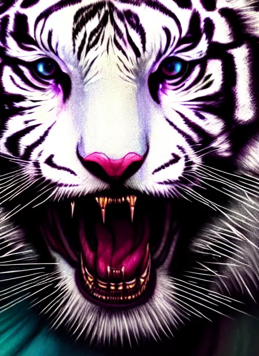 Prompt: hyper detailed ultra sharp of a white tiger, trending on artstation, warpaint aesthetic, bloodwave, colorful, psychedelic, ornate, intricate, digital painting, concept art, smooth, sharp focus, illustration, art by artgerm and greg rutkowski and h. r. giger, 8 k