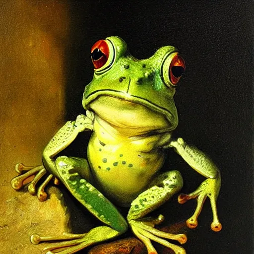 Prompt: oil painting of a macabre frog by rembrandt van rijn