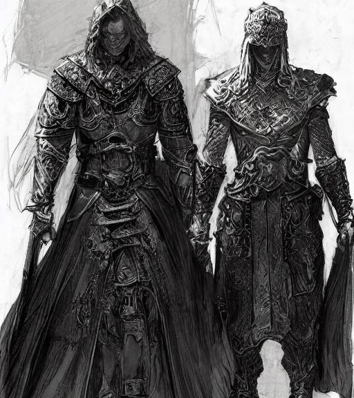 Prompt: long blond hair man in armor with another man with long blong hair tyed up with black robes, pen and ink, intricate line drawings, by craig mullins, ruan jia, kentaro miura, greg rutkowski, loundraw