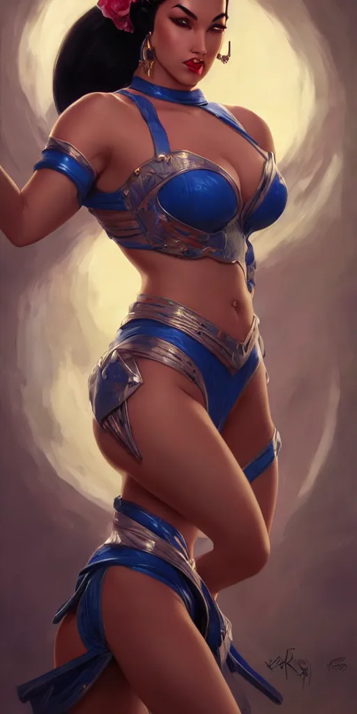 Image similar to kitana, pinup, league of legends, intricate, highly detailed, digital painting, hyperrealistic, artstation, concept art, smooth, sharp focus, illustration, Unreal Engine 5, 8K, art by artgerm and greg rutkowski and alphonse mucha, by Jesper Ejsing