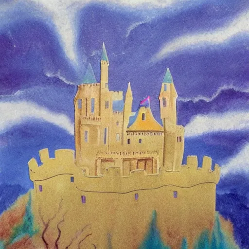 Image similar to Castle in the clouds, celestial light, divine, in the style of Wylie Beckert