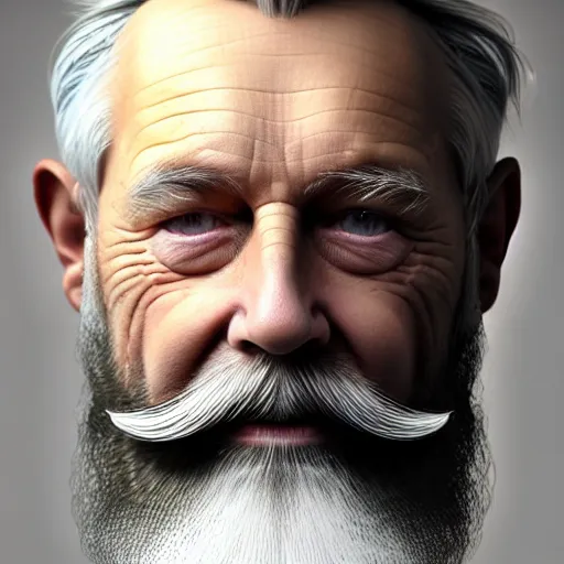 Image similar to hyperrealistic mixed media painting of stunning old man with glorious beard, stunning 3d render inspired art by P. Craig Russell and Barry Windsor-Smith, perfect facial symmetry, dim volumetric lighting, full full full full face face face face face 8k octane beautifully detailed render, headpiece headpiece headpiece, post-processing, portrait, extremely hyper-detailed, intricate, epic composition, brown brown brown eyes eyes eyes eyes, realistic realistic realistic eyes, cinematic lighting, masterpiece, trending on artstation, detailed detailed detailed, masterpiece, stunning