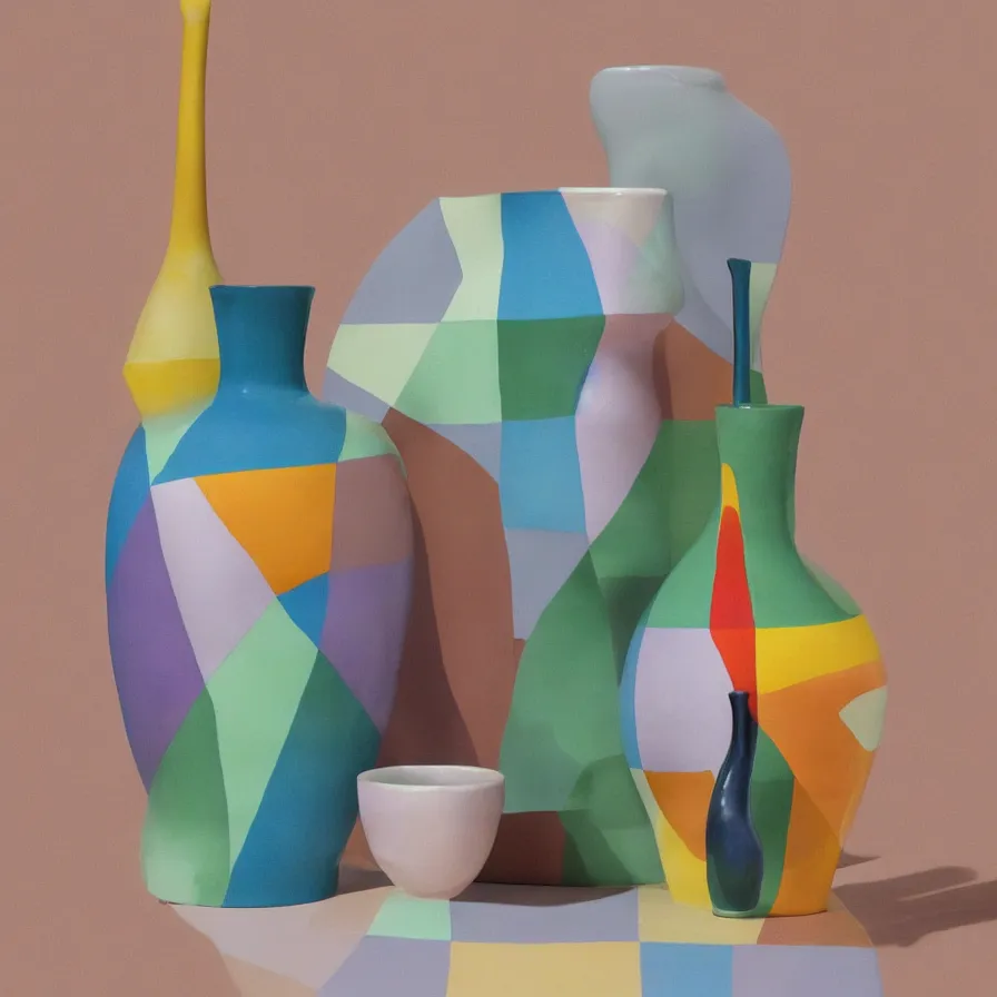 Image similar to beautiful ceramics studio photograph of a tall colorful geometric symmetrical fancy porcelain jug glazed by paul klee and placed on a polished wooden table, hyperrealism 8 k trending on artstation