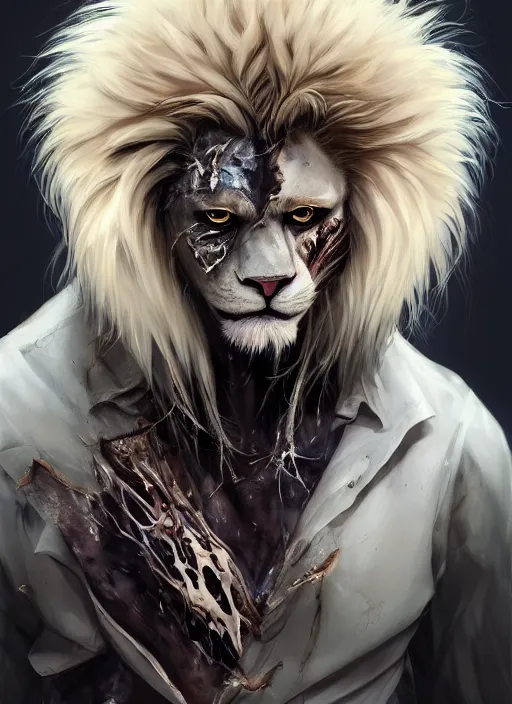 Image similar to award winning beautiful portrait commission of a male furry anthro albino lion wearing a burnt and torn tuxedo outfit with scarred face and scratches on his muscular belly with beautiful hyperdetailed face. Character design by charlie bowater, ross tran, and makoto shinkai, detailed, inked, western comic book art