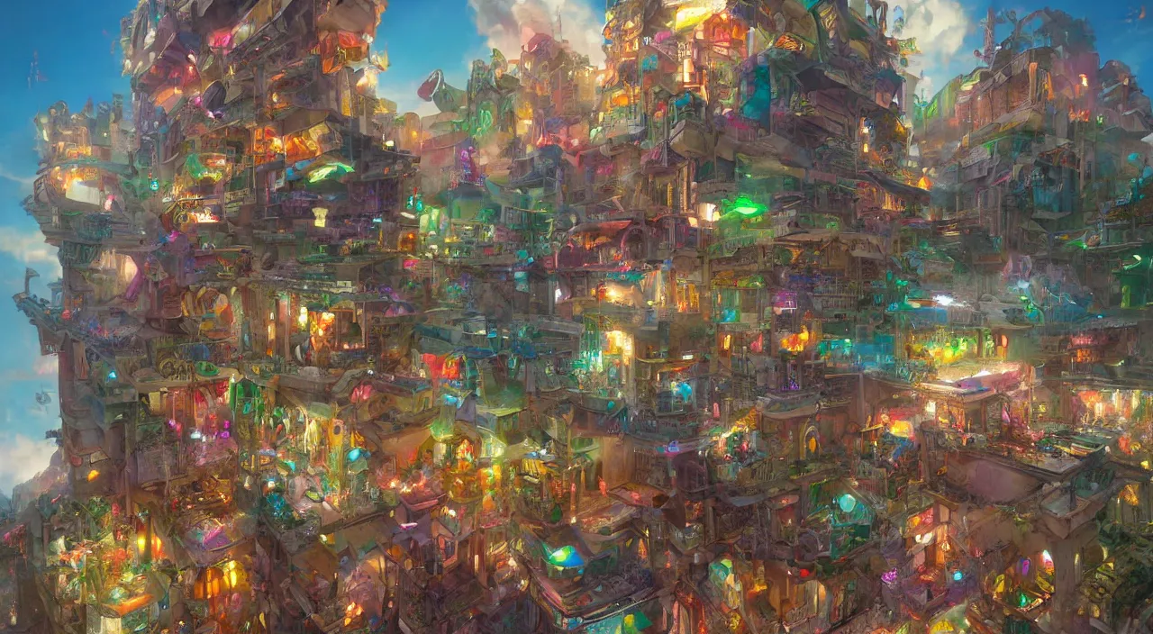 Image similar to bazaar zouk place aladin block greeble multicolorful sky shine mattepainting, street art, trending on artstation, by huang guangjian and gil elvgren and sachin teng