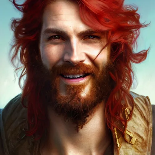 Prompt: portrait of a young ruggedly handsome but joyful pirate, male, masculine, upper body, red hair, long hair, d & d, fantasy, joyful expression, intricate, elegant, highly detailed, digital painting, artstation, concept art, matte, sharp focus, illustration, art by artgerm and greg rutkowski and alphonse mucha