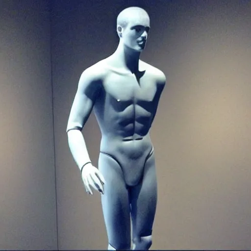 Image similar to “ a realistic detailed photo of a guy who is an attractive humanoid who is half robot and half humanoid, who is a male android, actor liam hemsworth, shiny skin, posing like a statue, blank stare, at the museum, on display ”