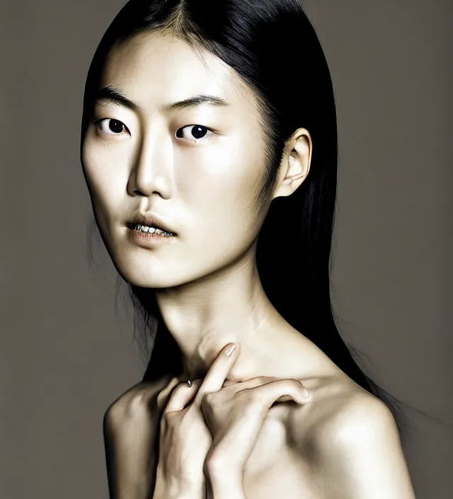 Image similar to photography facial portrait of liu wen, natural background, natural pose, wearing stunning cape by iris van herpen, with a colorfull makeup. highly detailed, skin grain detail, photography by paolo roversi, nick knight, helmut newton, avedon, araki