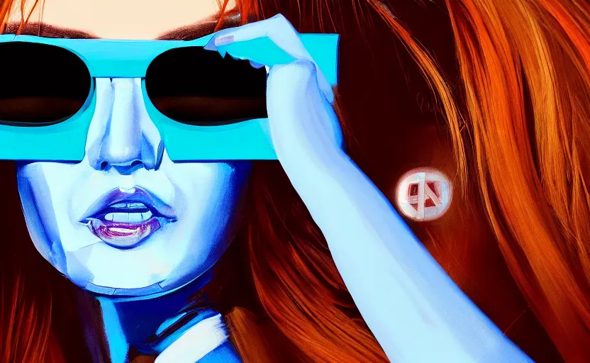 Prompt: closeup painting of donald trump cyberpunk woman smirking, wearing light blue shutter shades and a dark brown leather jacket, one side haircut, long brown hair with light blue ends, portrait, hyperdetailed, artstation, cgsociety, 8 k, synthwave by tangerine dream