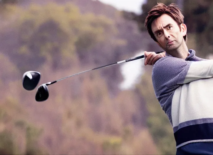 Image similar to promotional image of david tennant as a golfer, detailed face, movie still frame, promotional image, imax 70 mm footage