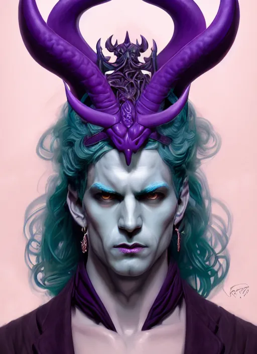 Image similar to symmetry!! portrait of a feminine mischievous trickster male purple and teal skinned tiefling with demon horns and piercings bard, intricate, elegant, highly detailed, digital painting, artstation, concept art, smooth, sharp focus, illustration, art by artgerm and greg rutkowski and alphonse mucha