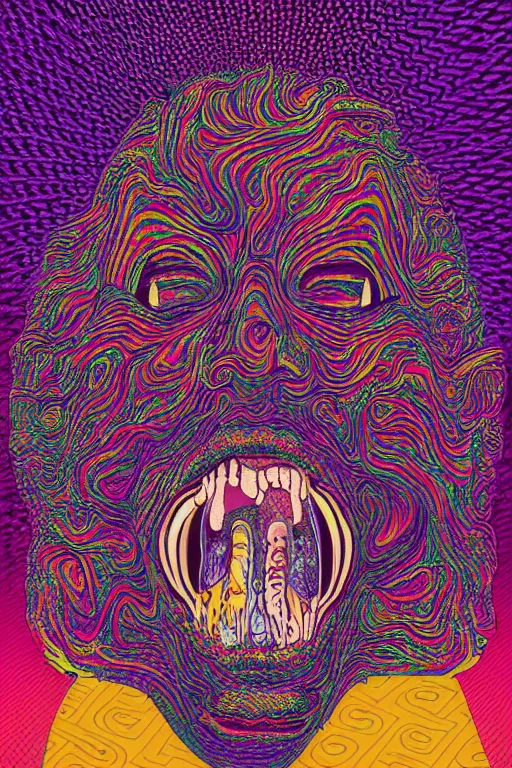 Prompt: a tab of LSD acid on a tongue with psychedelic hallucinations, screenprint by kawase hasuialex grey and dan hillier, colorful flat design, hd, 8k