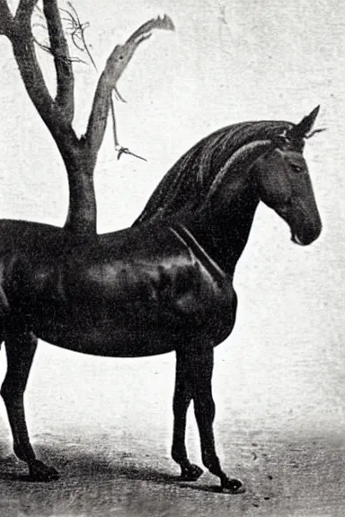 Prompt: an 1800s photo of a horse on the branches of a tree