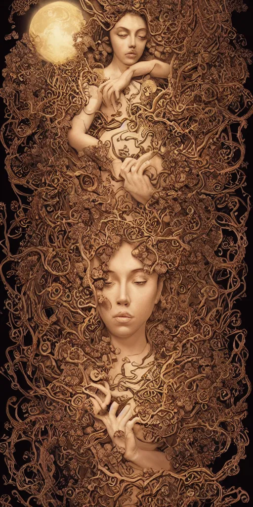 Image similar to masterpiece with intricate designs, tarot card, a mandelbulb fractal scarlett johansson, southeast asian diety statue, full of golden layers, flowers, clouds, vines, mushrooms, swirls, curls, wave by Hokusai and Mike Mignola, trending on artstation, elaborate illustration, beautiful hands close to a candle in dark room, cinematic, powerful, moon beams dramatic light, highly, intricate elements, detailed, digital painting, artstation, concept art, sharp focus, illustration, art by artgerm