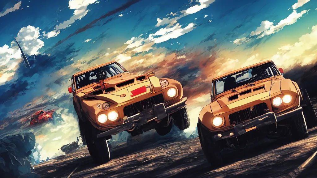 Prompt: anime illustration of mad max's fj 4 0 pursuit special, the last v 8 interceptor driving down to the gates of valhalla highway, riding fury road eternal shiny and chrome, world of fire and blood, by makoto shinkai, ilya kuvshinov, lois van baarle, rossdraws, basquiat, global illumination ray tracing hdr