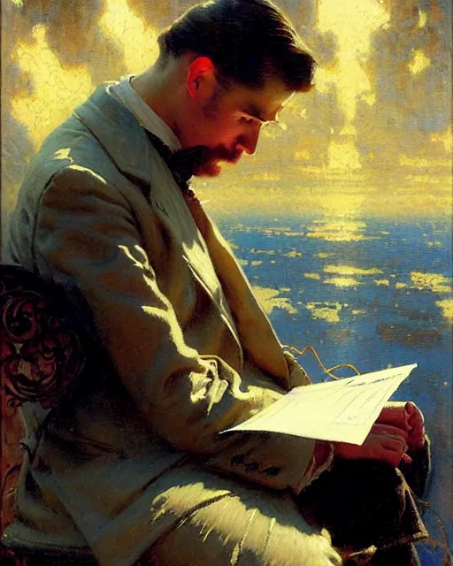 Image similar to attractive man reading the weather report live on tv 1 9 4 8 melancholy, nostalgia, painting by gaston bussiere, craig mullins, j. c. leyendecker