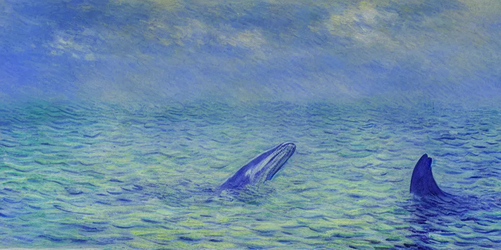 Image similar to An aesthetically pleasing, dynamic, energetic, lively, well-designed digital art of a whale, ripples, waves, sea foam, light and shadow, ocean caustics, by Claude Monet, traditional Japanese colors, superior quality, masterpiece, excellent use of negative space.