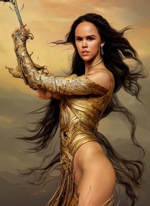 Image similar to portrait of Catriona Gray as a ever reaching swashbuckling Goddess of despair, a futuristic diety, fantasy, intricate, elegant, human anatomy, natural light, golden hour, highly detailed, digital painting, artstation, concept art, smooth, sharp focus, illustration, art by brom, tian zi and WLOP and alphonse mucha, masterpiece, 3d blender, mitch foust, Clyde Caldwell