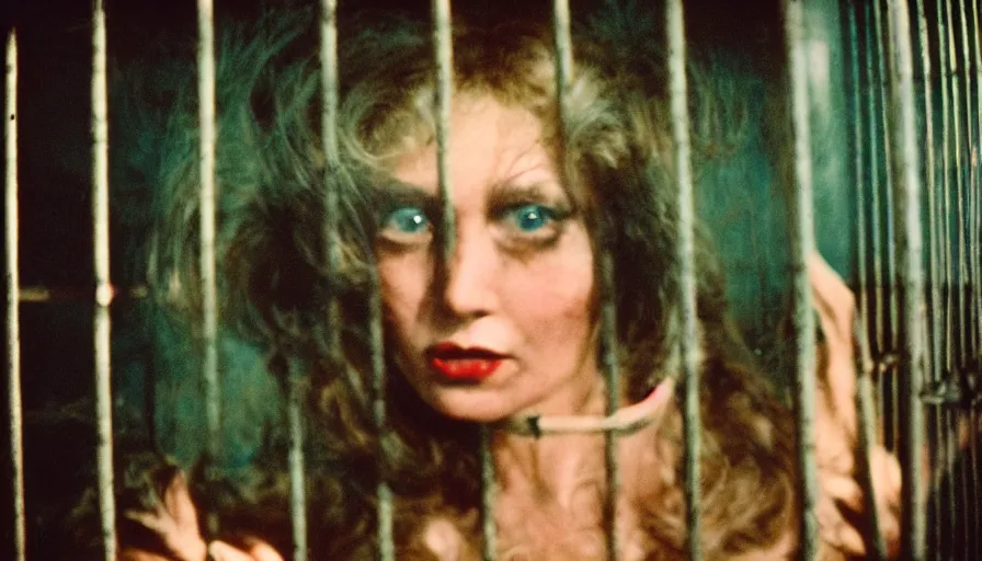 Image similar to 7 0 s film still from a horror movie featuring a beautiful woman in a cage, kodachrome, cinecolor, cinestill, film grain, film texture, retro, cinematic, high resolution, photorealism,