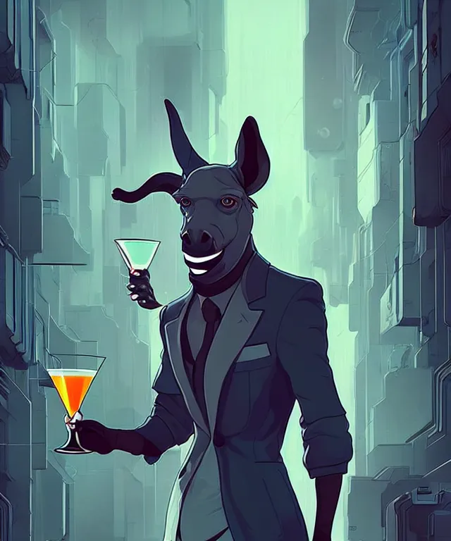 Prompt: a portrait of an anthropomorphic donkey holding a martini, cyberpunk!, fantasy, elegant, digital painting, artstation, concept art, matte, sharp focus, illustration, art by josan gonzalez