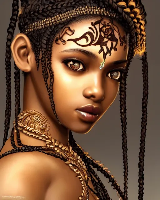 Prompt: Intricate 3/4 view portrait of a gorgeous dark skinned goddess with decorated braided hair and henna on her cheeks and forehead, realistic character concept, by wlop and and Ross Tran and sam yang and mandy jurgens and viktoria gavrilenko, identical eyes, gazing eyes, beautiful eyes medium shot, elegant pose, fantasy, featured on artstation, cinematic lighting, hyperdetailed, cgsociety, 8k, golden ratio, vfx, postprocessing, alluring