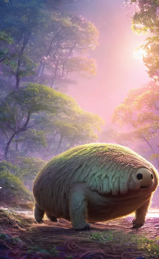 Image similar to microscopic tardigrades, magical forest, community, water bear, robots, electric, furry, soft, concept art, intricate details, highly detailed, photorealistic, disney pixar, octane render, iridescent, anime, 8 k