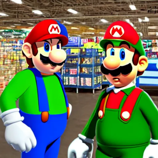 Image similar to a picture of mario bros mario bros and luigi shopping at walmart