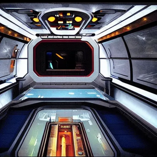 Prompt: “life aboard a sci-fi space vessel. Photo taken overlooking bridge. Other decks and compartments can be seen in the background. Detailed photo.”