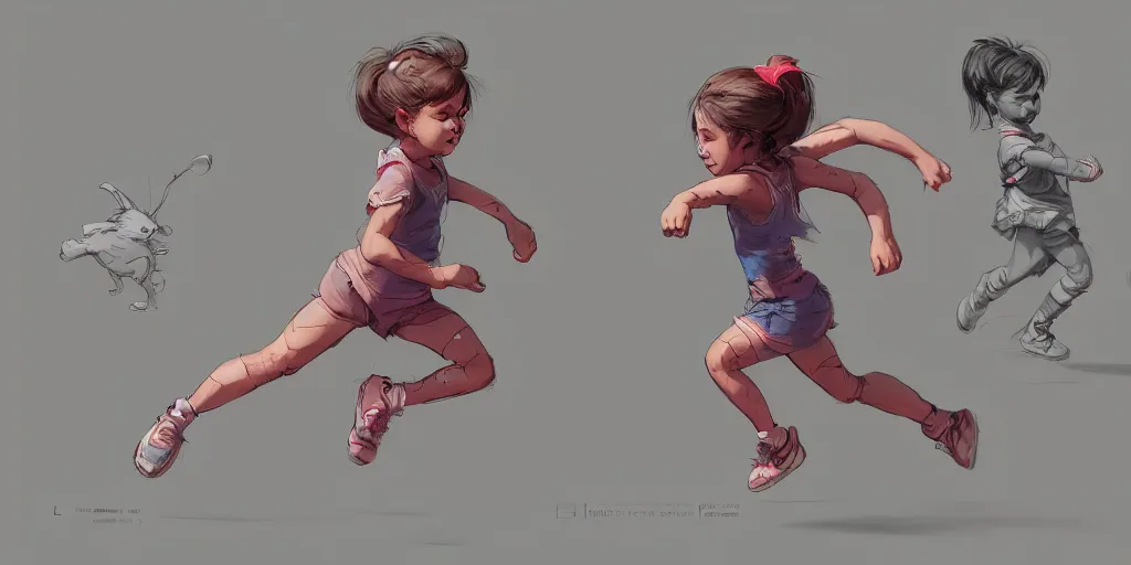 Prompt: cartoonish little girl running, vivid colors, character sheet, fine details, concept design, contrast, kim jung gi, greg rutkowski, trending on artstation, 8 k, full body, turnaround, front view, back view, ultra wide angle