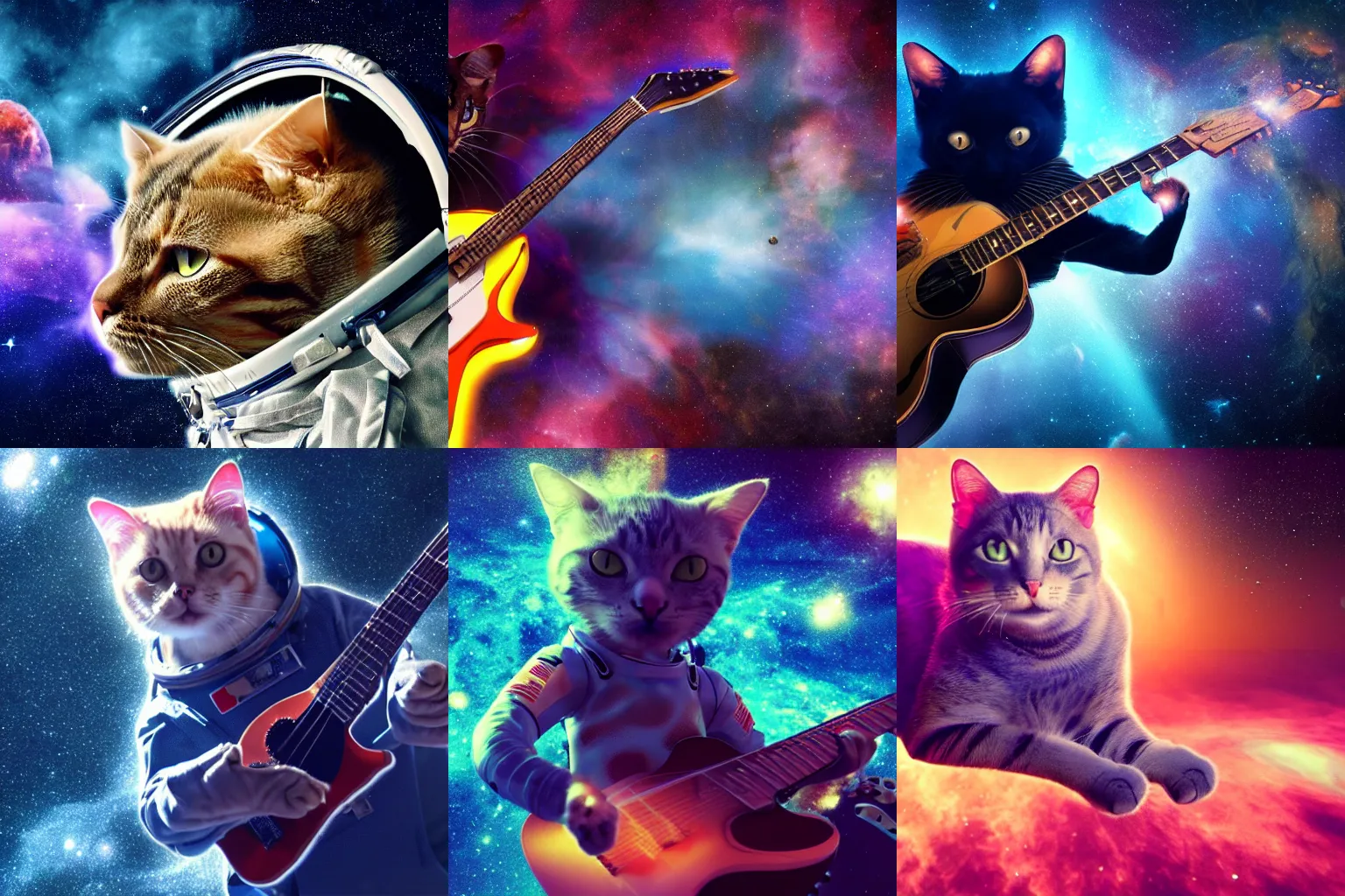 Prompt: cat in a spacesuit playing the guitar, floating through a nebula, cinematic, hyper realism, high detail, octane render, 8k, vibrant