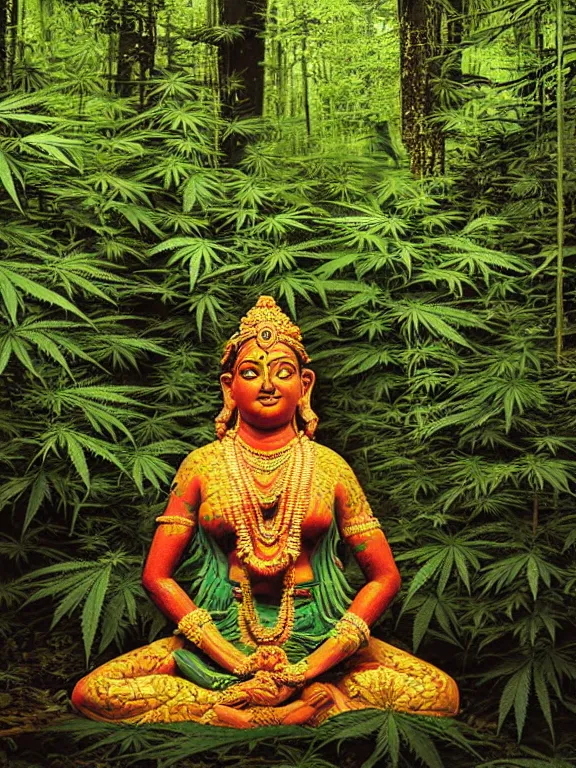 Image similar to hindu goddess in cannabis forest, film photo, grainy, high detail, high resolution,