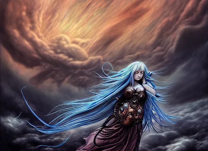 Image similar to realistic detailed image of a Norse Goddess-dragon-cyborg, bluish hair blowing in an angry and stormy moody atmosphere, running wildly in her chariot, anime art, anime, impressionistic gothic, rich deep colors, inspired by H.R. Giger and Zdzislaw Beksinski and Mark Ryden, a masterpiece, matte painting, digital art, trending on artstation.